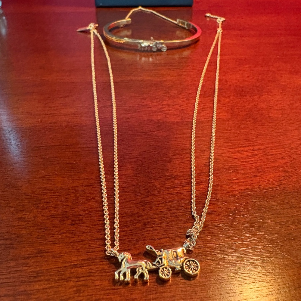Coach Gold Carriage Necklace and Chain Bracelet Set